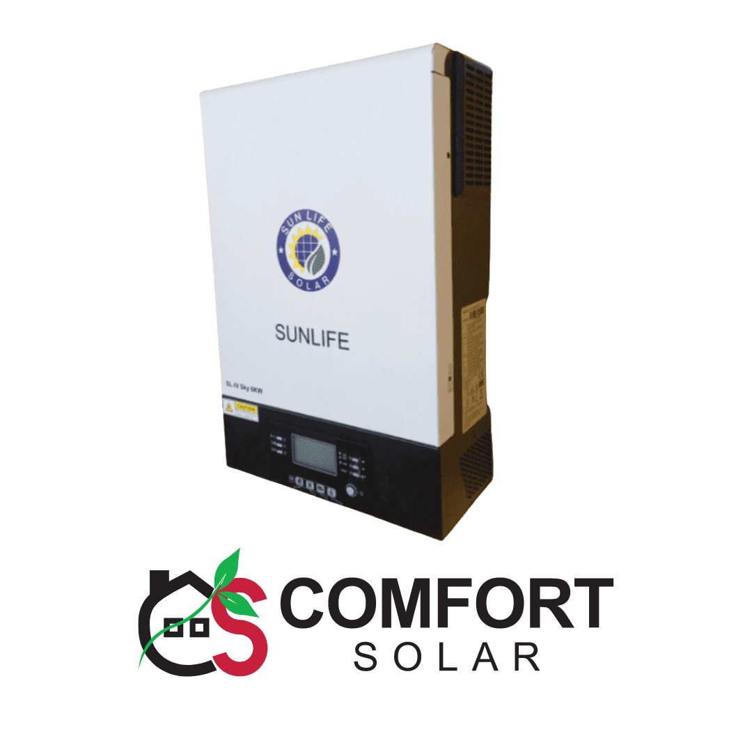 Sun Life Solar inverter unit, white and black, with Comfort Solar logo.