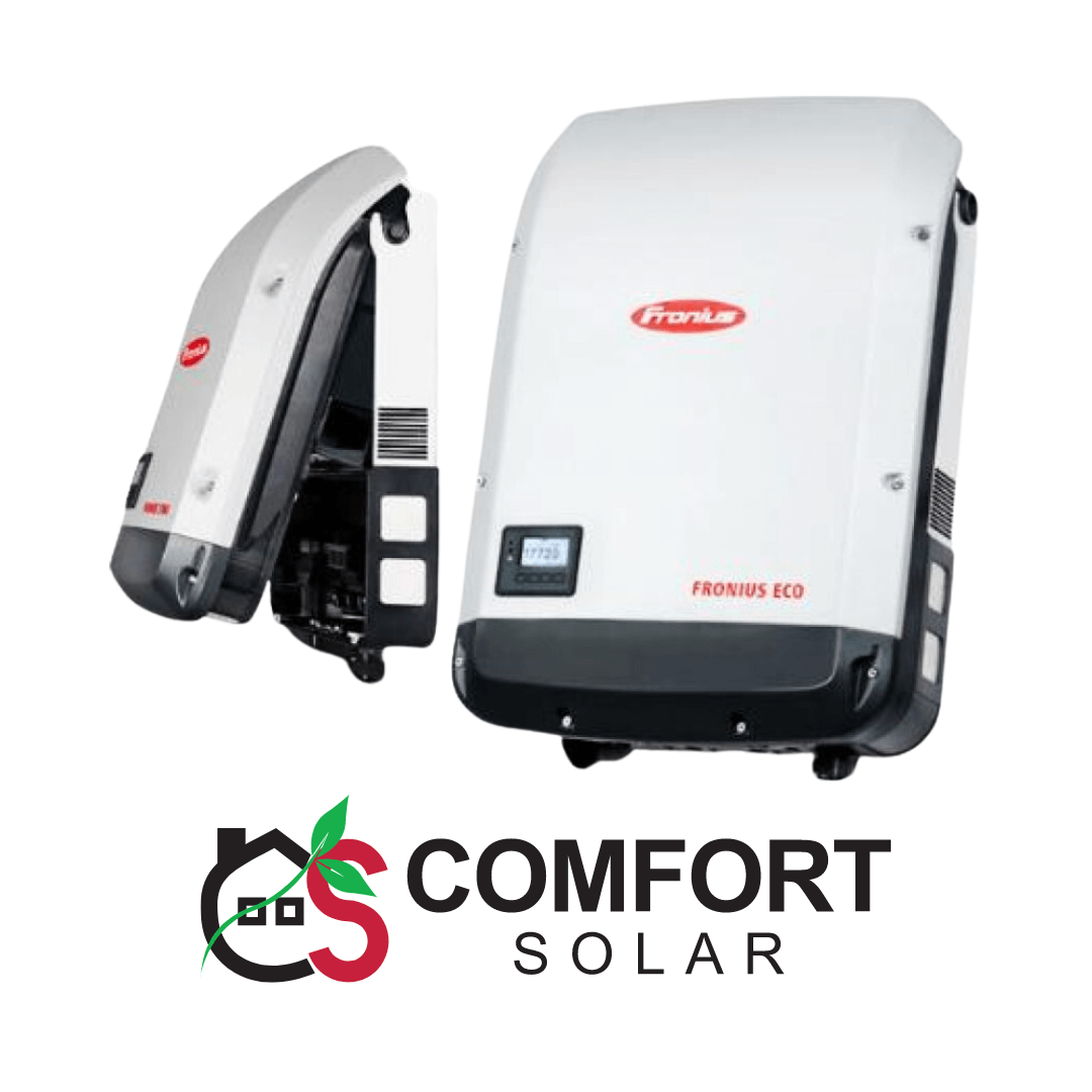 Fronius Eco solar inverter by Comfort Solar, open and closed views. Text: "FRONIUS ECO" and "COMFORT SOLAR".