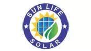 Sun Life Solar logo with a sun, solar panel pattern, and green leaf inside a blue circle with stars.
