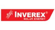 Inverex solar energy logo in red rectangle with white text and graphics