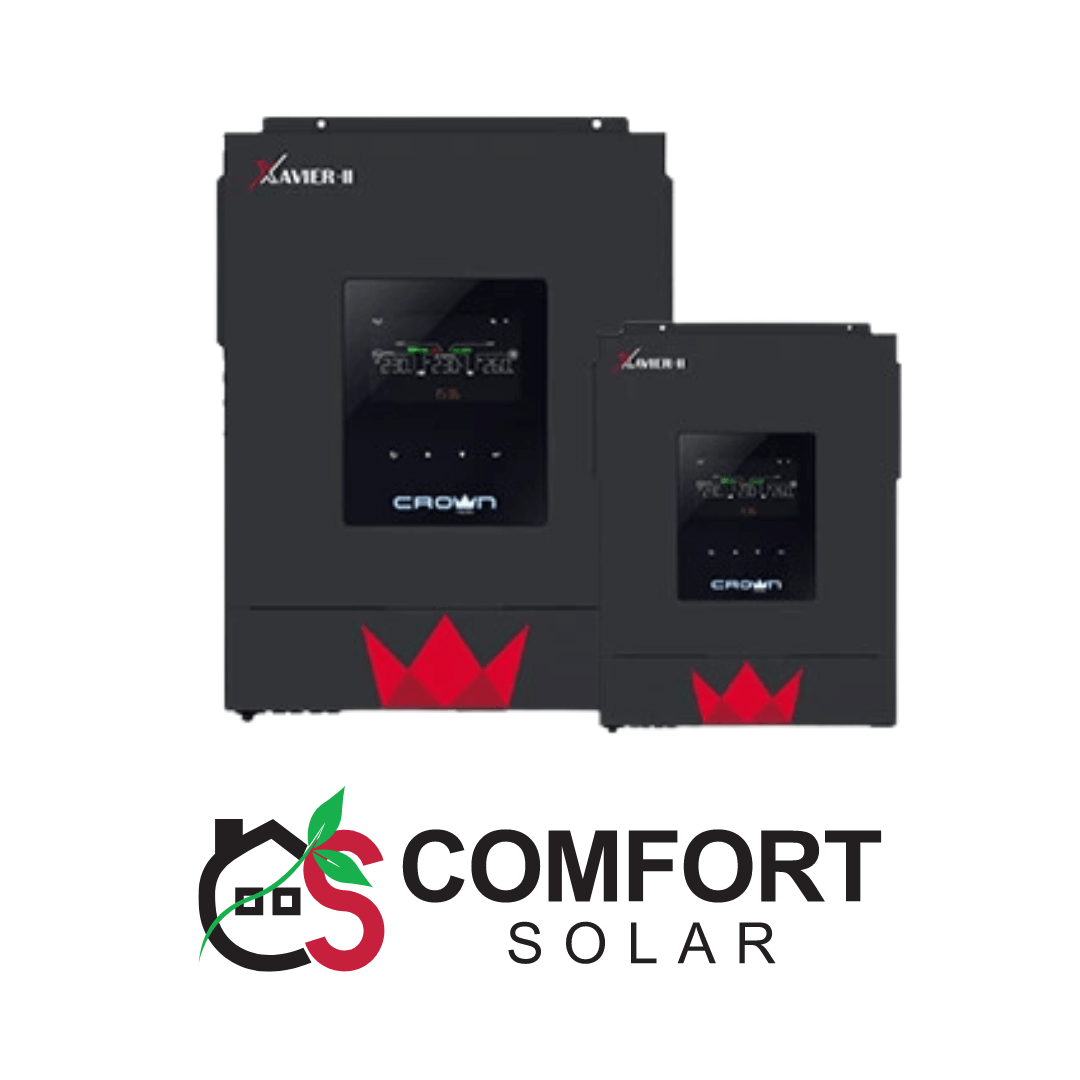 Crown xavier-II solar inverters of different sizes, with the Comfort Solar logo below.