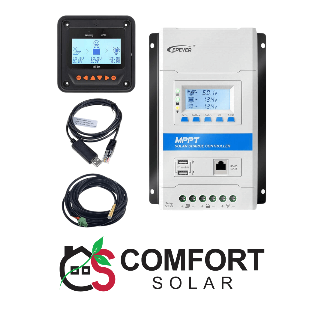 EPEVER MPPT solar charge controller with MT50 remote meter and temperature sensor.