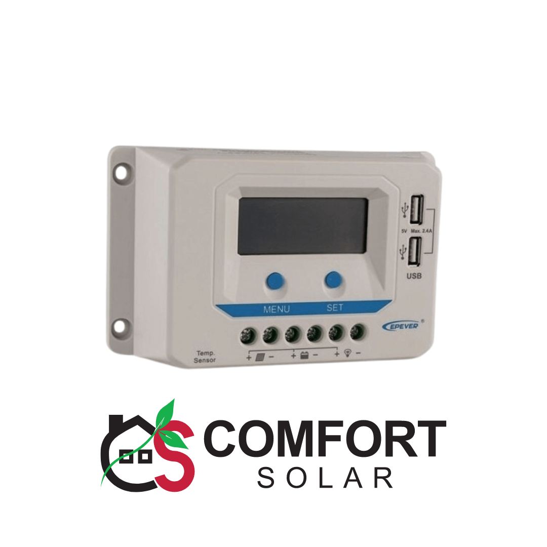 EPEVER solar charge controller with USB ports, menu, set buttons, and temp sensor.