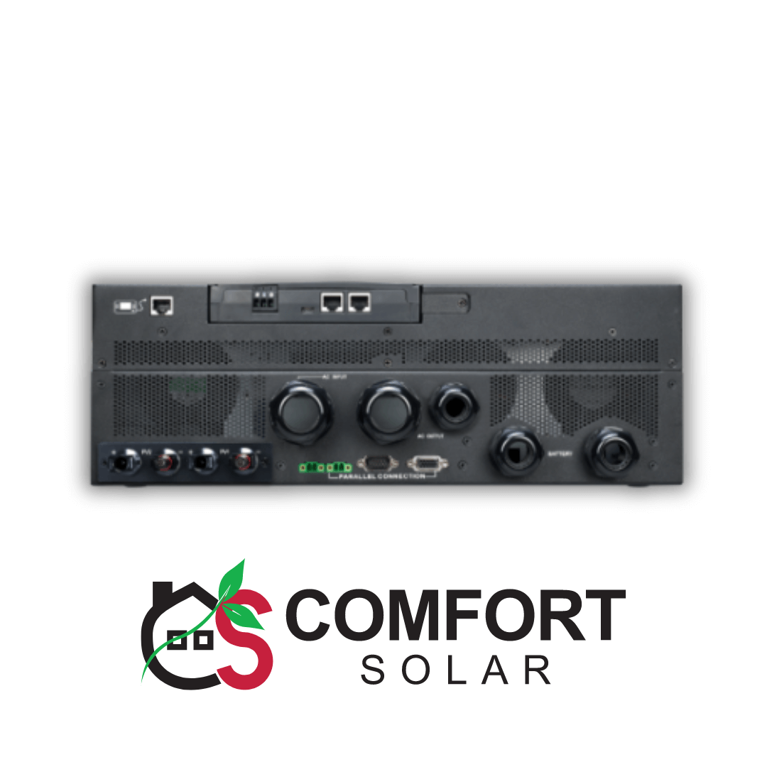 Back panel of a comfort solar inverter with various ports and connections.