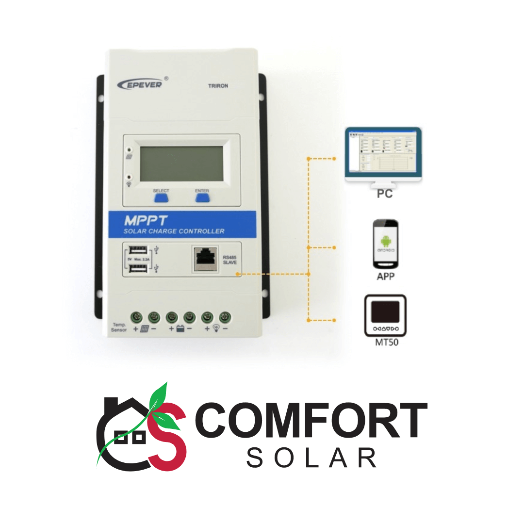 Epever triron mppt solar charge controller with PC, app, and MT50 connectivity. Comfort Solar logo at the bottom.