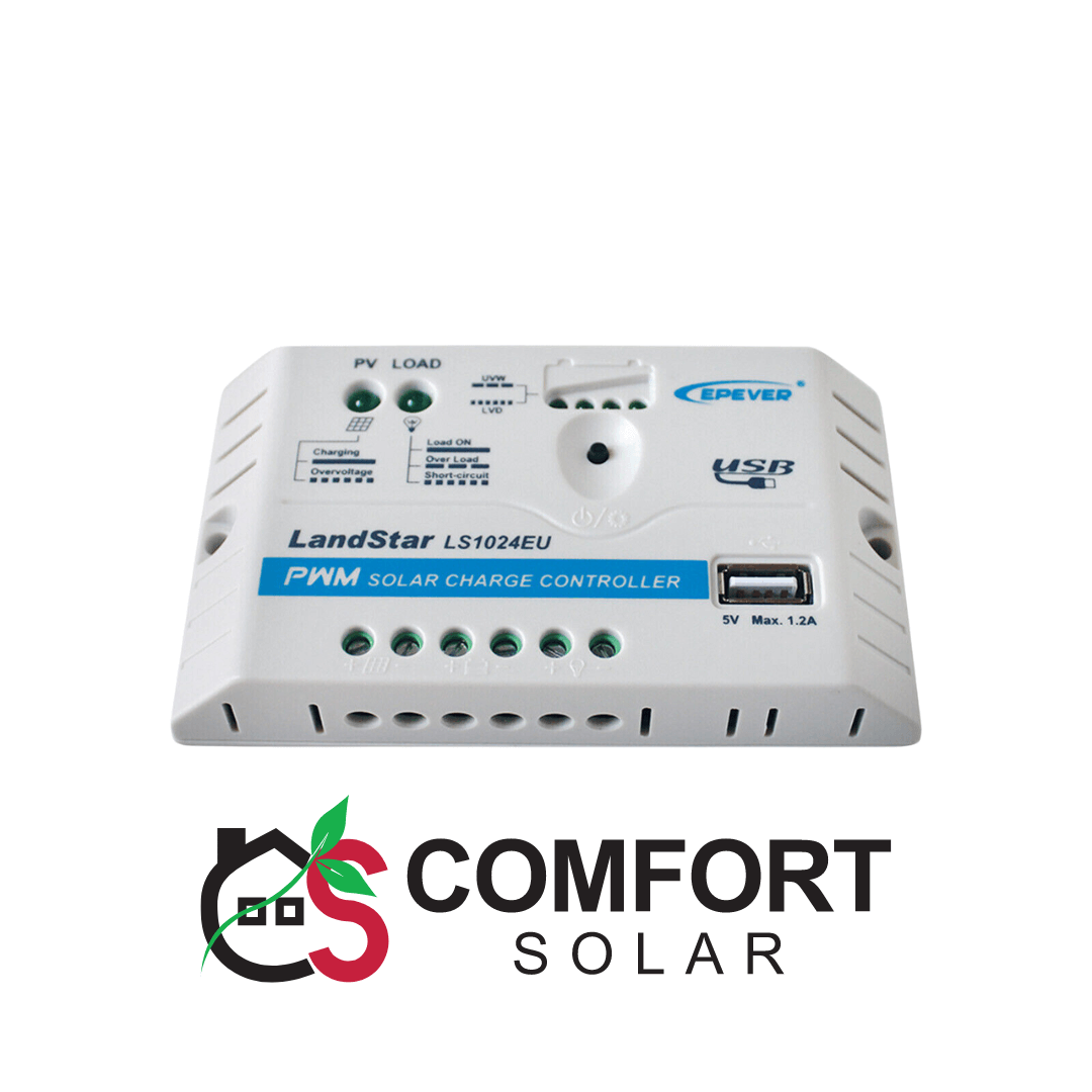LandStar LS1024EU PWM solar charge controller with USB port. Comfort Solar logo at the bottom.