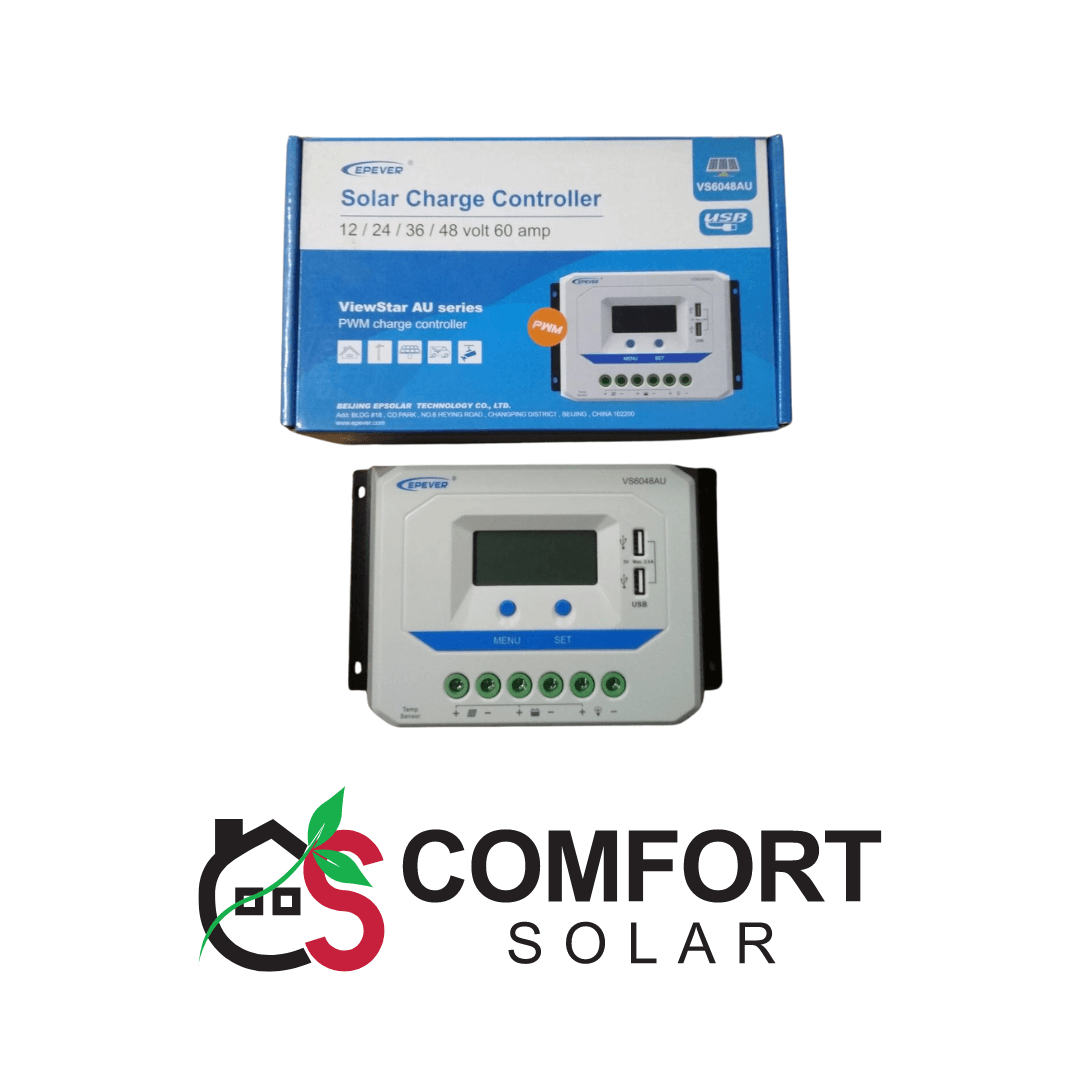 Epever vs6048au solar charge controller, box and unit, with "Comfort Solar" logo.