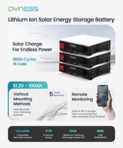 Dyness bx51100 lithium-ion battery for solar energy storage, featuring 6000 cycles, remote monitoring, and versatile mounting methods.