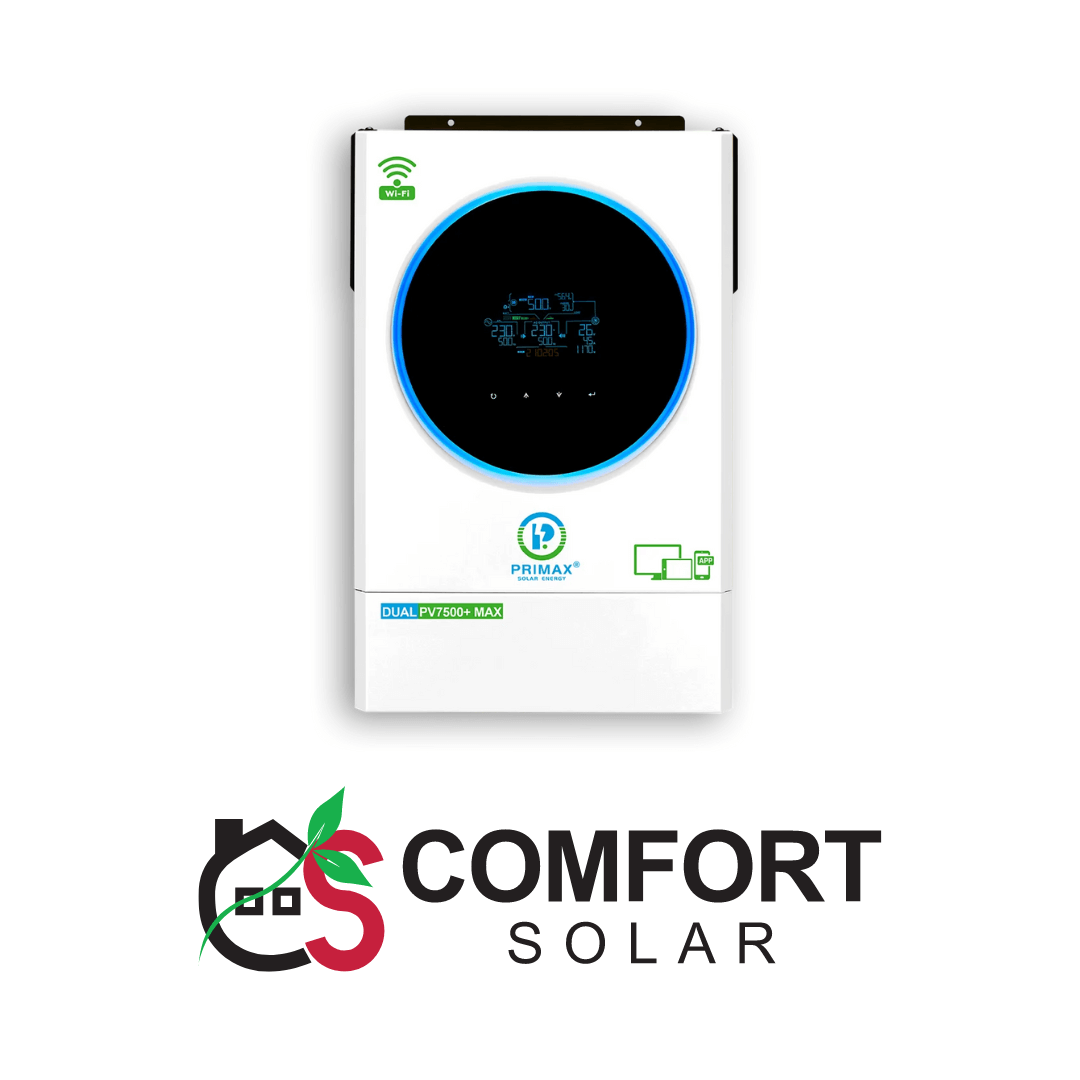 primax hybrid solar inverter – galaxy dual pv7500+ max, a white inverter with a circular display