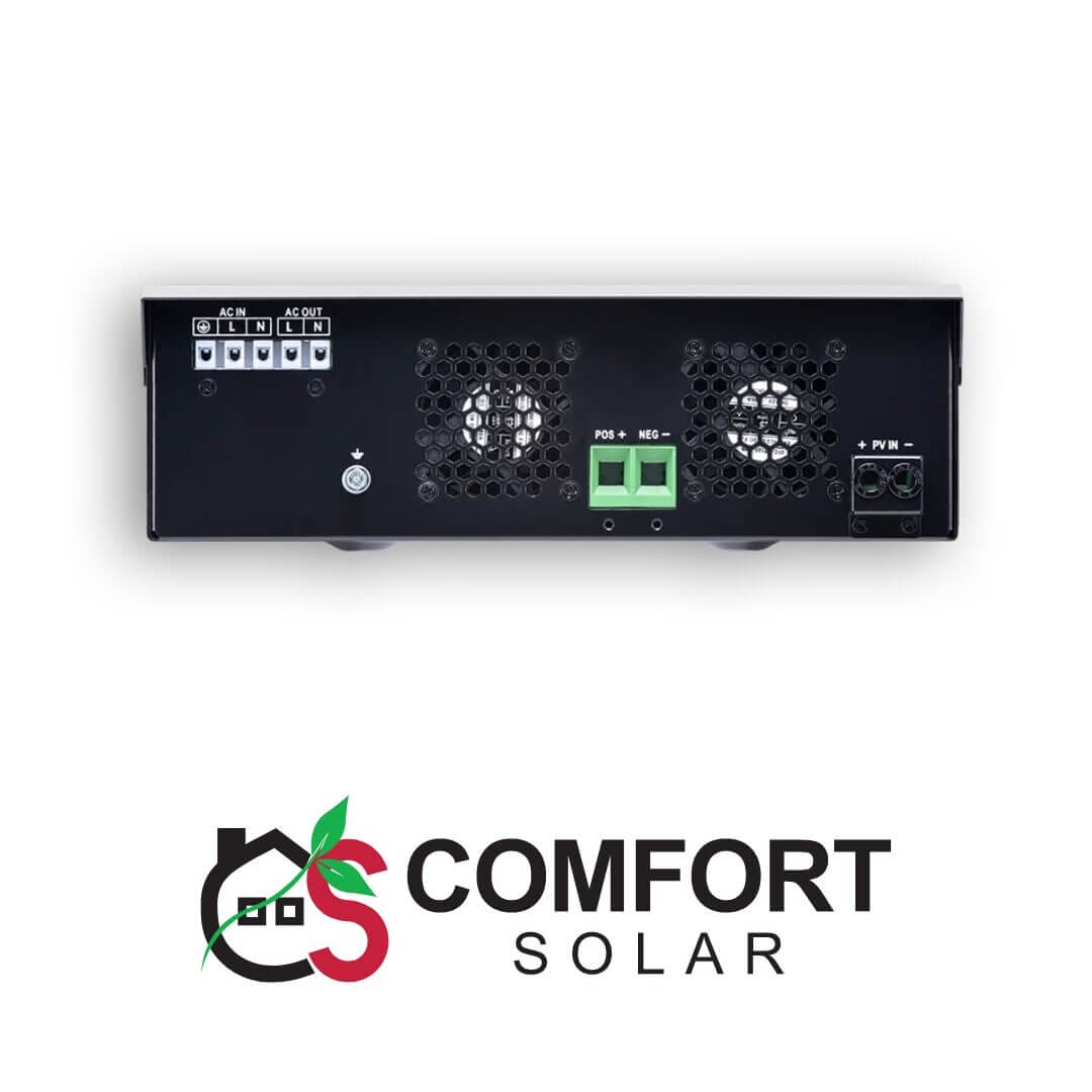 Close-up of the PRIMAX hybrid solar inverter – galaxy pv2500+ max, showing AC/PV inputs and cooling fans.