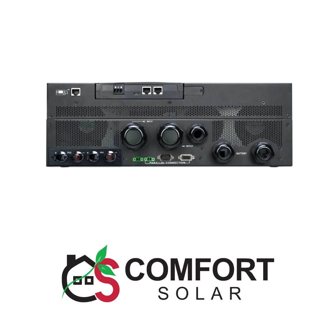 Close-up of a primax hybrid solar inverter – galaxy dual pv12000+ pro, showcasing its ports and parallel connection interface.