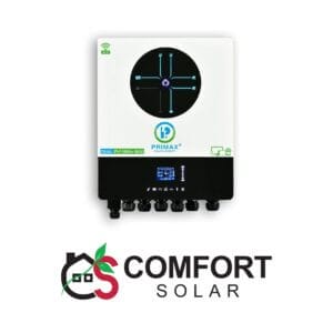 primax hybrid solar inverter - galaxy dual pv11000+ max: a white and black solar inverter with display and ports.