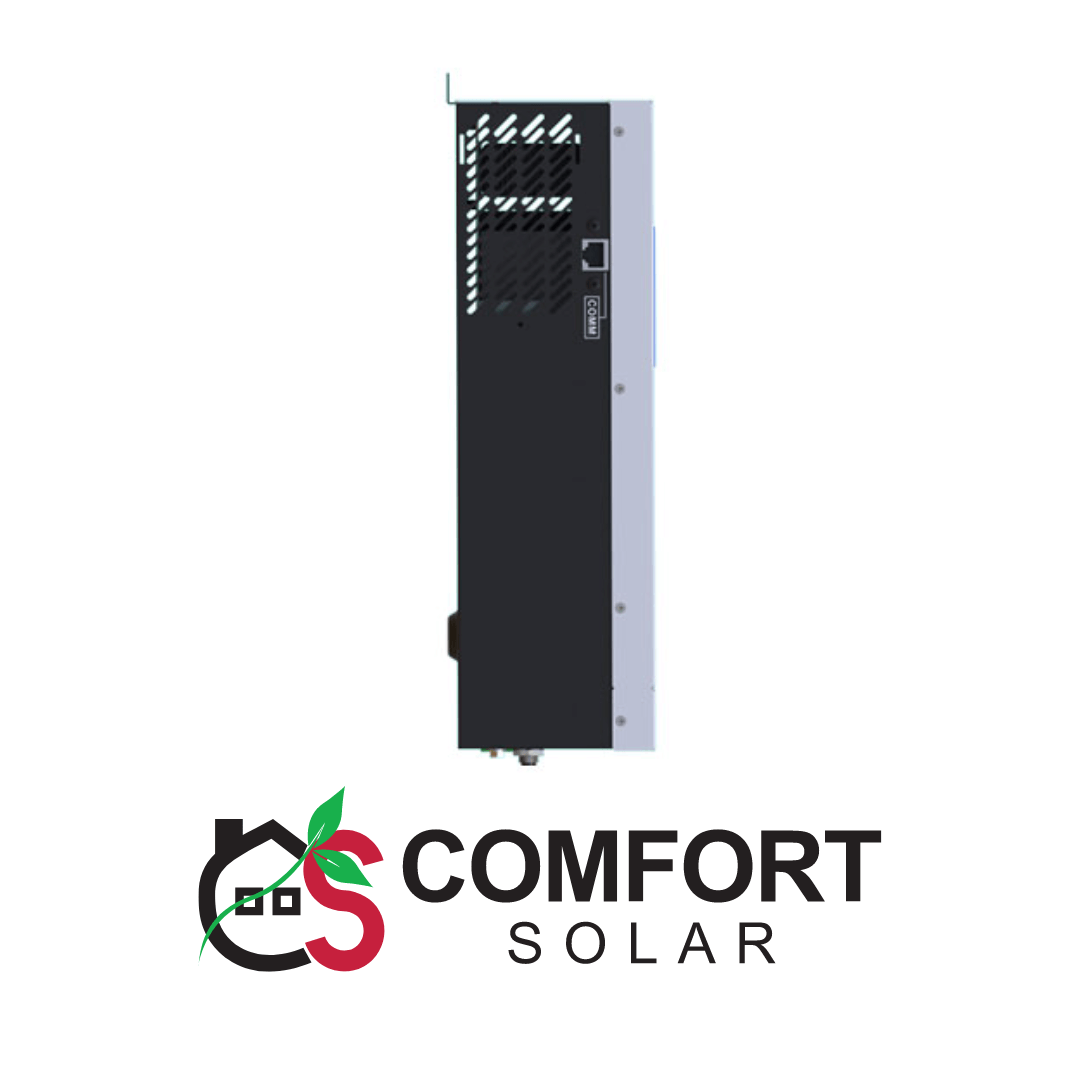 Side view of xn3024 single-phase off-grid solar inverter showing vents and communication ports.