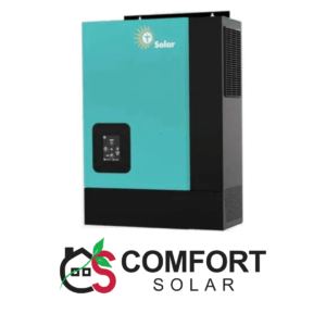 Tesla Infinity HLE 6KW on grid & hybrid solar inverter. Blue and black inverter with Solar logo.