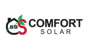 Comfort solar logo featuring a house silhouette, red "S," and green leaves.
