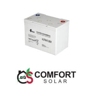 Shoto 6-GFMHR series high rate battery with red and blue terminals, used in comfort solar systems.