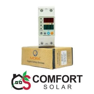 mora 80a va protector with time delay function, a digital safety device for electricity safety, sitting on its packaging.