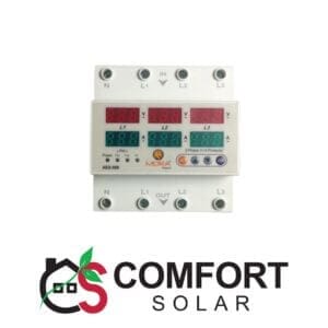 mora 4-pole 3-phase voltage and current protector, showing voltage and current readings for each phase.