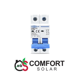 Tomzn 2p dc 1000v solar mini circuit breaker, featuring a blue switch. Protection for solar panel systems.