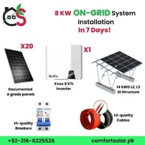 8 kw on-grid system installation package, including solar panels, knox ktl inverter, breakers, cables and GI structure.