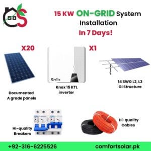 15 kw on-grid solar system installation components: panels, knox 15 ktl inverter, structure, breakers, and cables.