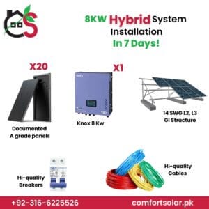 8kW hybrid solar system installation package: documented a grade panels, knox 8 kw inverter, gi structure, hi-quality breakers and cables
