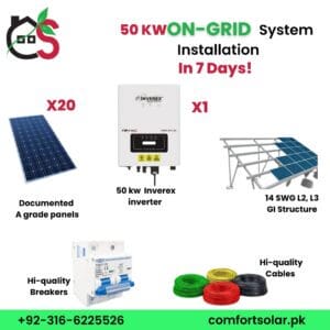 50kw on-grid system components: solar panels, inverex inverter, GI structure, breakers, and cables for solar power installation.