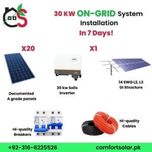 30kw on-grid system components: solar panels, solis inverter, GI structure, breakers, and cables for a complete installation.