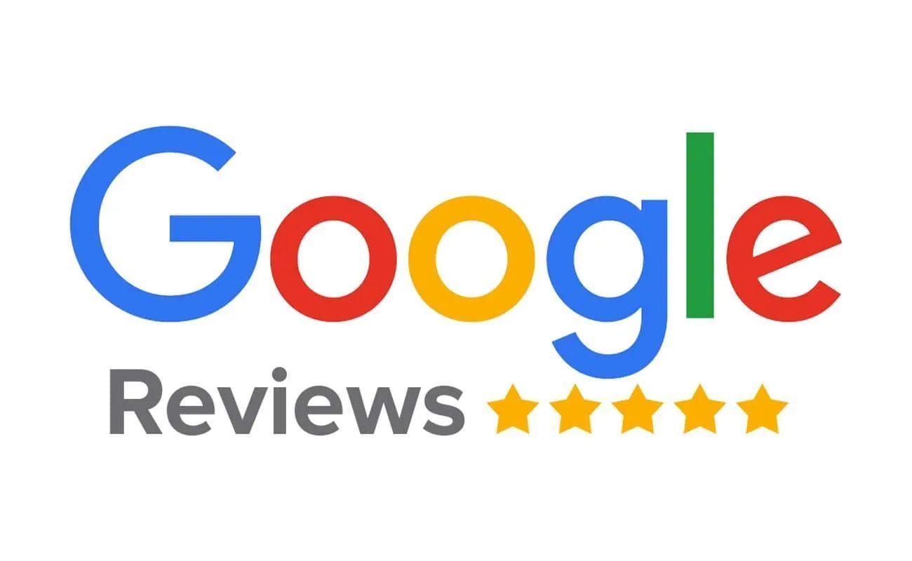 Google Reviews logo with five gold stars. Text reads "Reviews.