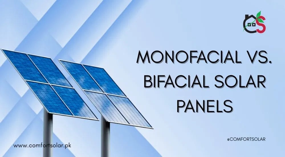 Monofacial vs. bifacial solar panels illustration. Two solar panels against a blue background. Text: "Monofacial vs. Bifacial Solar Panels.