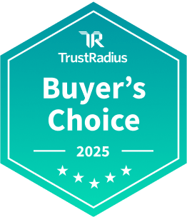 TrustRadius Buyer's Choice 2025 badge with five stars, indicating high customer satisfaction.