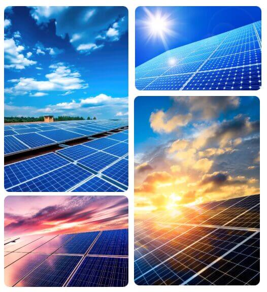 Collage of solar panels under sunny and cloudy skies, showcasing solar installation services.