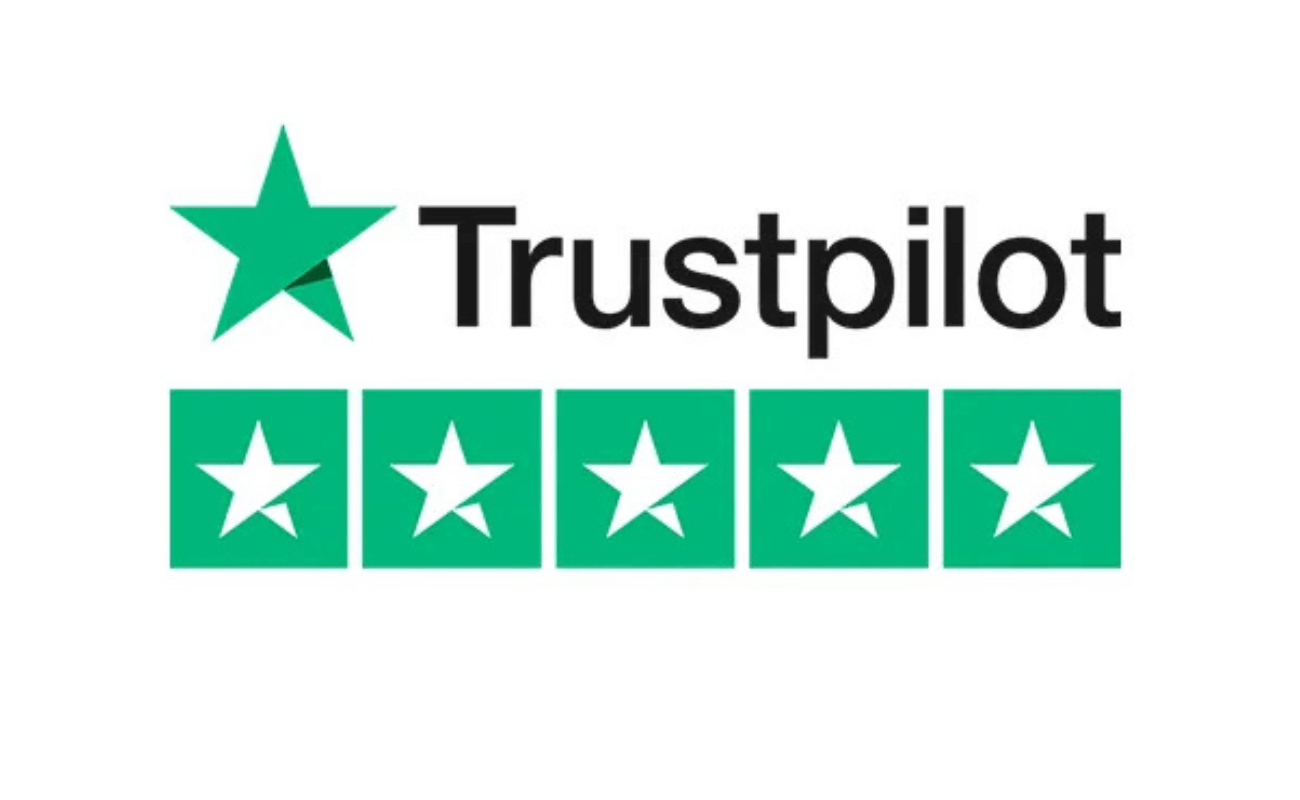 Trustpilot logo with five green stars, indicating a positive rating for solar installation services.