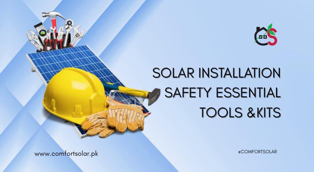 Solar panel with tools, hard hat, and gloves. Text: Solar Installation Safety Essential Tools & Kits.