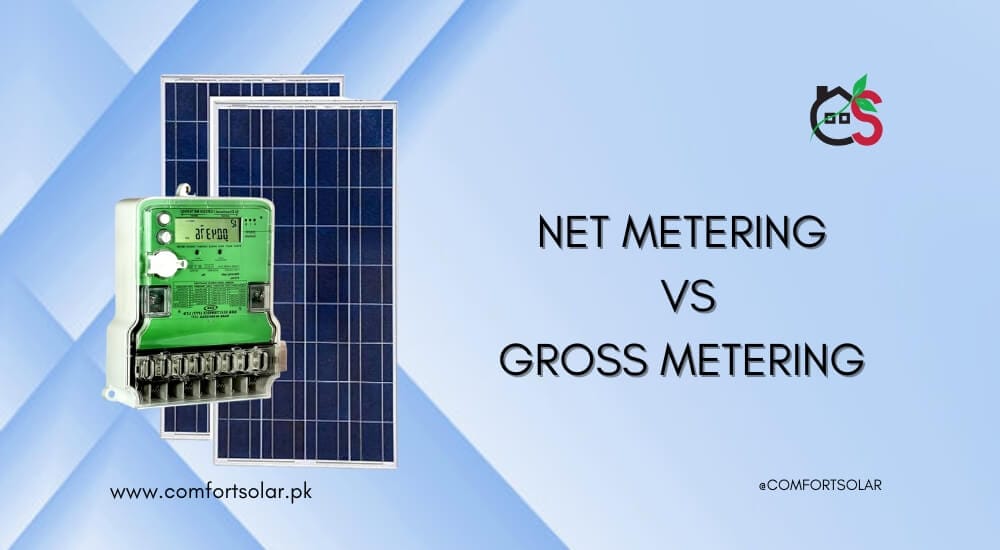 Net metering vs gross metering: Solar panels and a green electricity meter from comfortsolar.pk.