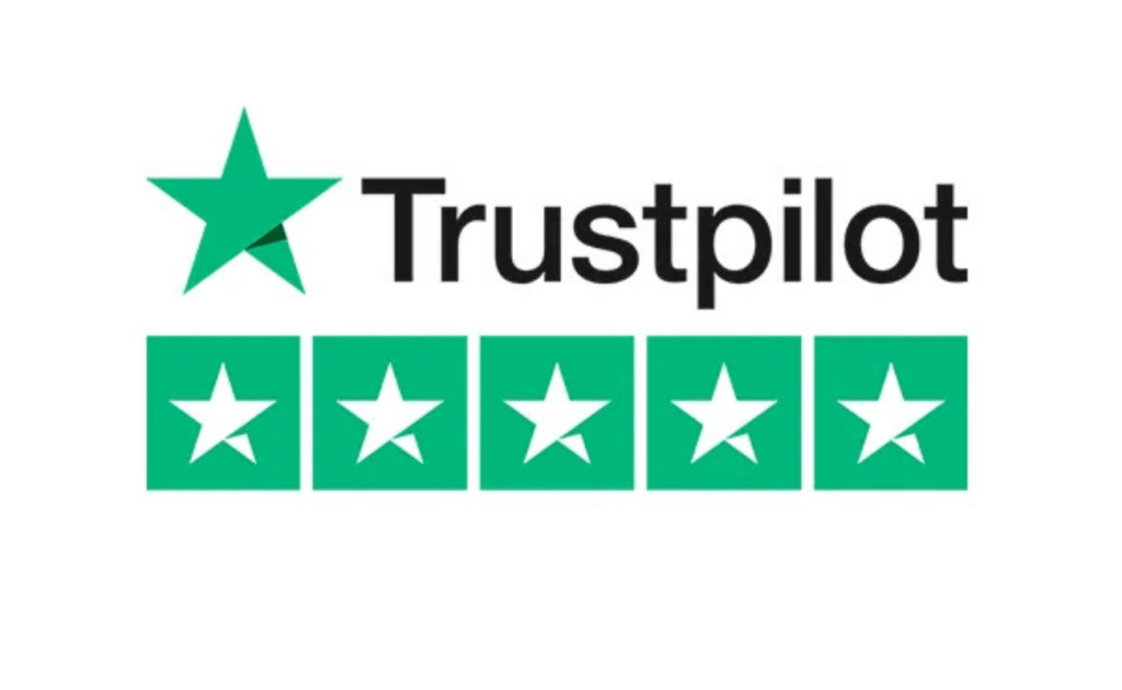 Trustpilot five-star rating logo. Green star and filled stars on green squares. Trustpilot text.